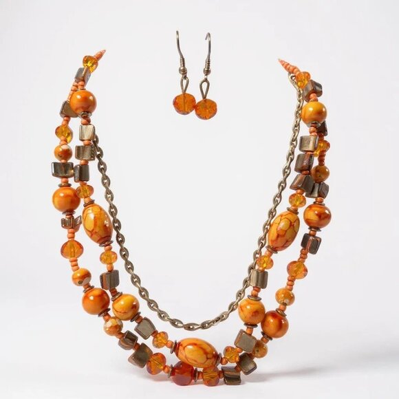 Three Layers Multi Orange Lucite Bead Gold Tone Link Necklace Earring Set - Picture 2 of 2